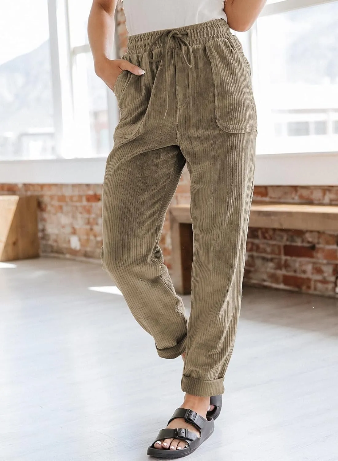 EVALESS Corduroy Pants for Women Casual Drawstring Elastic High Waist Straight Leg Pants Loose Comfy Trousers with Pockets