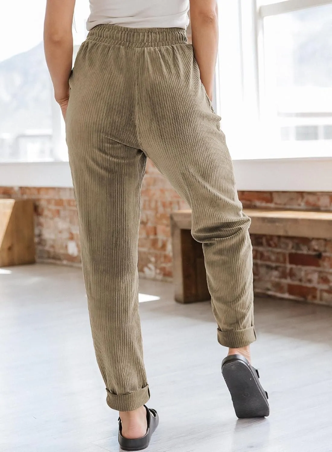 EVALESS Corduroy Pants for Women Casual Drawstring Elastic High Waist Straight Leg Pants Loose Comfy Trousers with Pockets