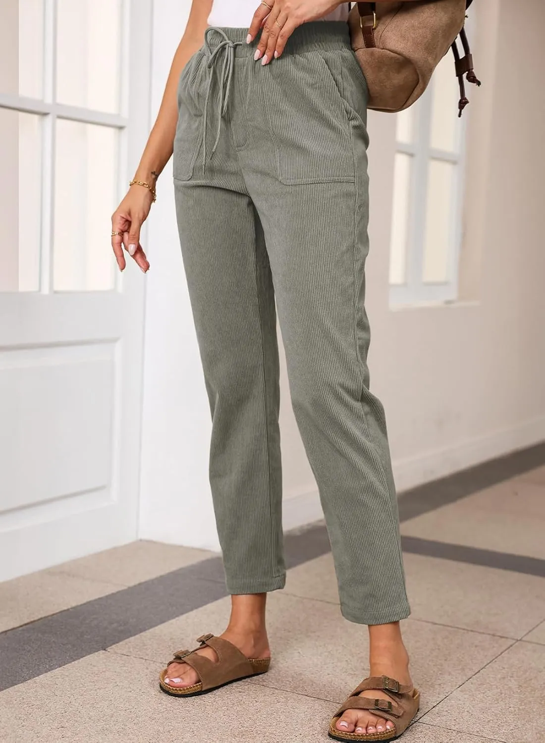 EVALESS Corduroy Pants for Women Casual Drawstring Elastic High Waist Straight Leg Pants Loose Comfy Trousers with Pockets