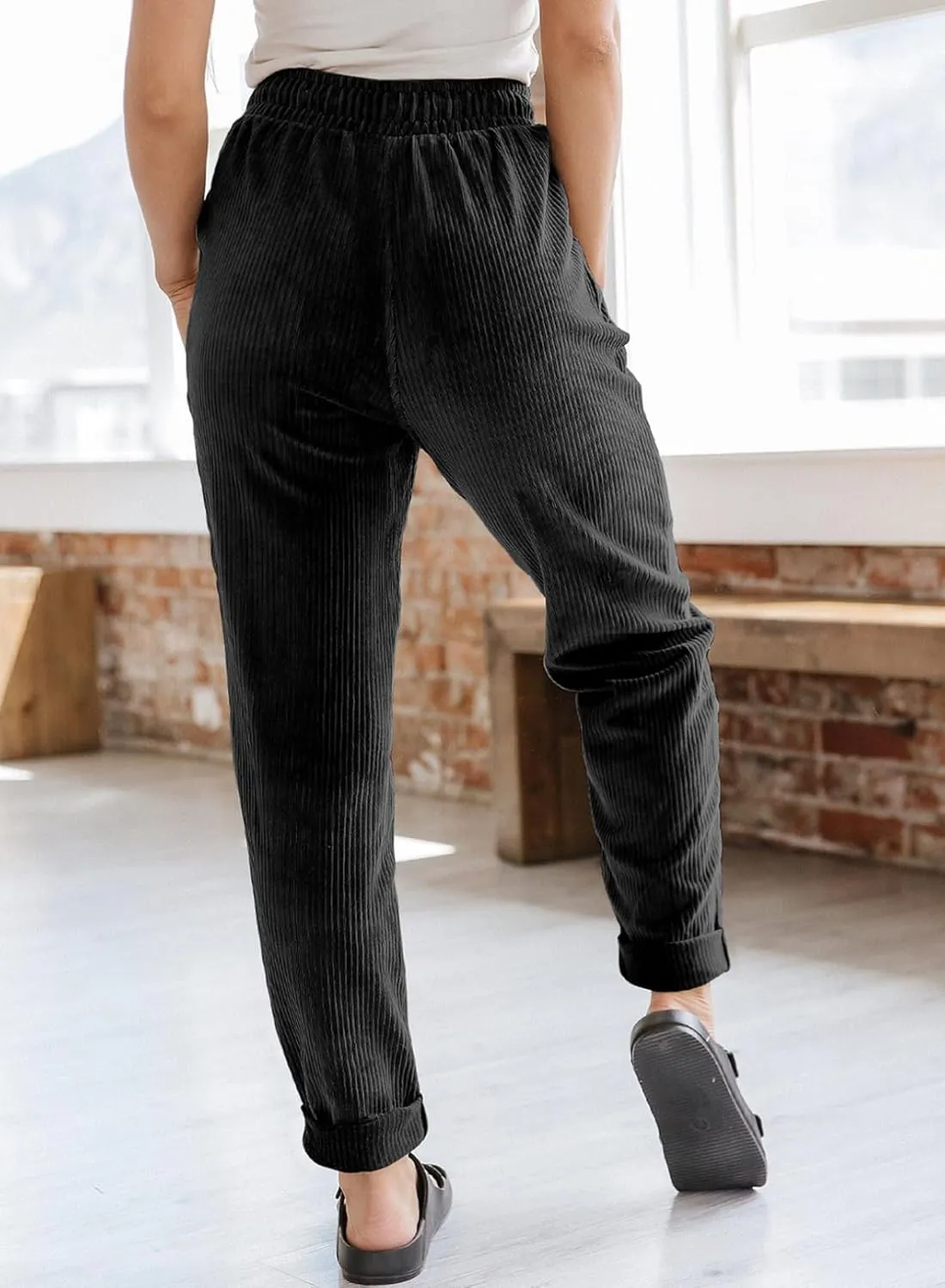 EVALESS Corduroy Pants for Women Casual Drawstring Elastic High Waist Straight Leg Pants Loose Comfy Trousers with Pockets
