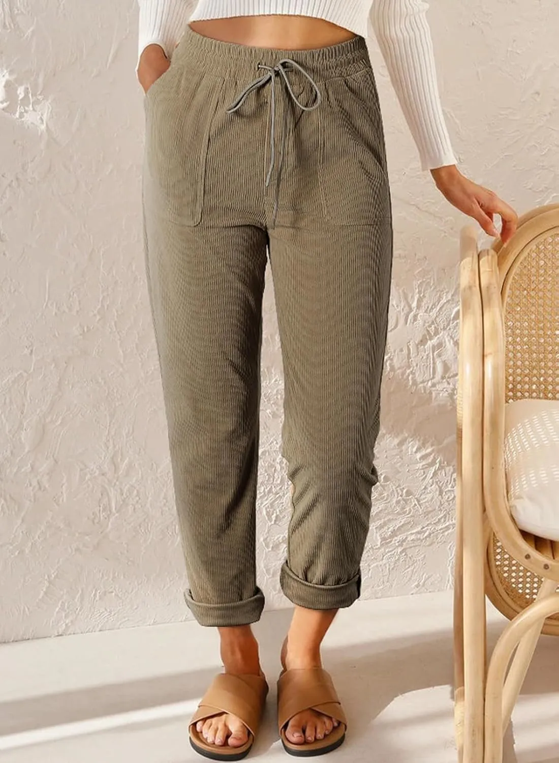 EVALESS Corduroy Pants for Women Casual Drawstring Elastic High Waist Straight Leg Pants Loose Comfy Trousers with Pockets