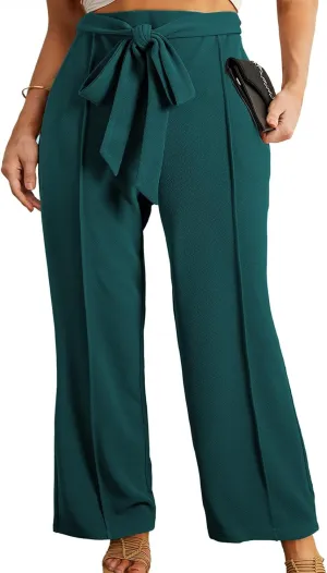 Eytino Plus Size Pants for Women Casual High Waisted Tie Knot Loose Work Pant Lounge Trousers with Pockets(1X-5X)
