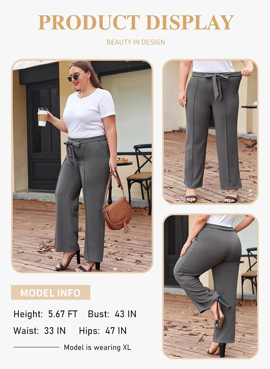 Eytino Plus Size Pants for Women Casual High Waisted Tie Knot Loose Work Pant Lounge Trousers with Pockets(1X-5X)