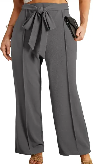 Eytino Plus Size Pants for Women Casual High Waisted Tie Knot Loose Work Pant Lounge Trousers with Pockets(1X-5X)