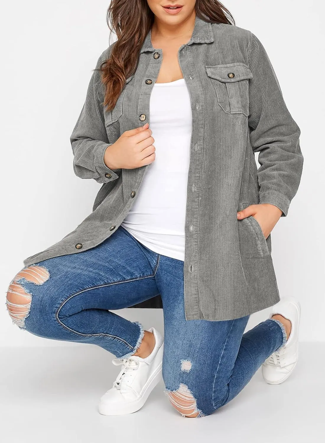 Eytino Womens Plus Size Long Sleeve Button Down Boyfriend Shirts Casual Plaid Shacket Jacket Coats(1X-5X)