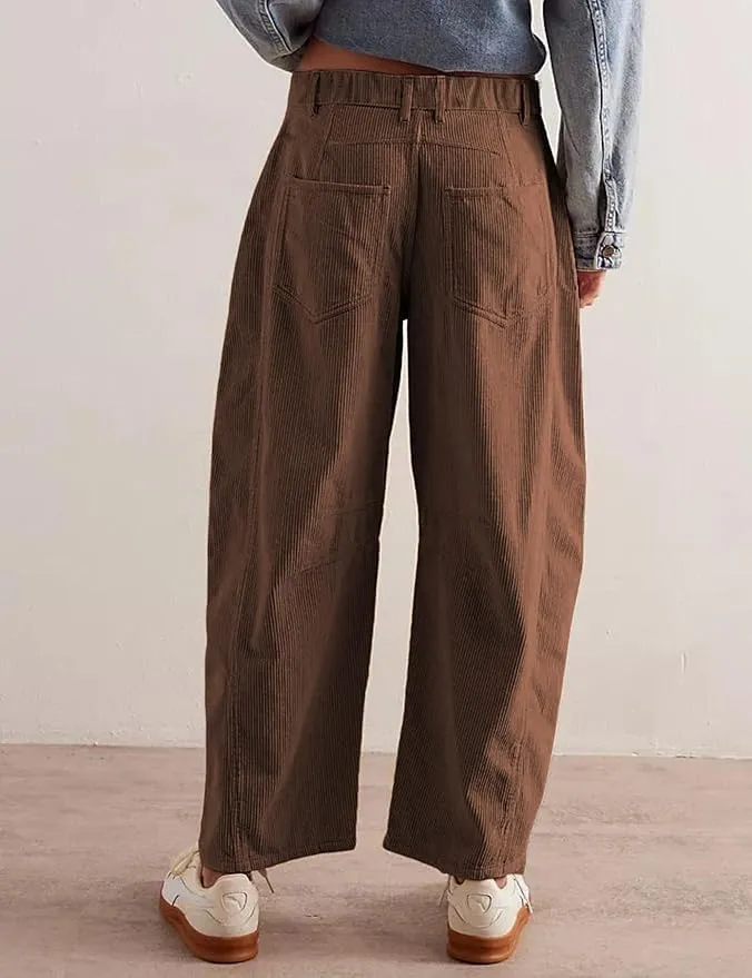 Faretumiya Women Corduroy Pants Mid Elastic Waist Baggy Jeans Wide Leg Boyfriend Cord Pants Pocketed Harem Cord Trousers