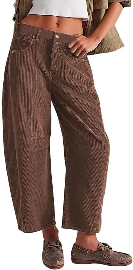 Faretumiya Women Corduroy Pants Mid Elastic Waist Baggy Jeans Wide Leg Boyfriend Cord Pants Pocketed Harem Cord Trousers
