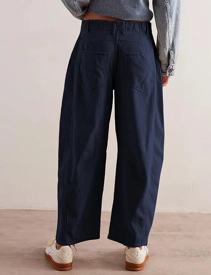 Faretumiya Women Corduroy Pants Mid Elastic Waist Baggy Jeans Wide Leg Boyfriend Cord Pants Pocketed Harem Cord Trousers