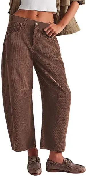Faretumiya Women Corduroy Pants Mid Elastic Waist Baggy Jeans Wide Leg Boyfriend Cord Pants Pocketed Harem Cord Trousers