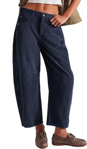 Faretumiya Women Corduroy Pants Mid Elastic Waist Baggy Jeans Wide Leg Boyfriend Cord Pants Pocketed Harem Cord Trousers