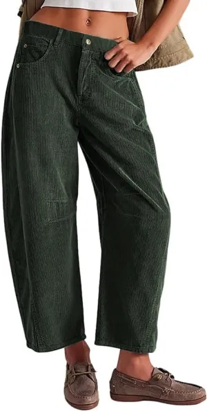 Faretumiya Women Corduroy Pants Mid Elastic Waist Baggy Jeans Wide Leg Boyfriend Cord Pants Pocketed Harem Cord Trousers