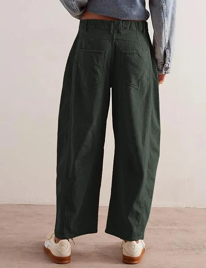 Faretumiya Women Corduroy Pants Mid Elastic Waist Baggy Jeans Wide Leg Boyfriend Cord Pants Pocketed Harem Cord Trousers