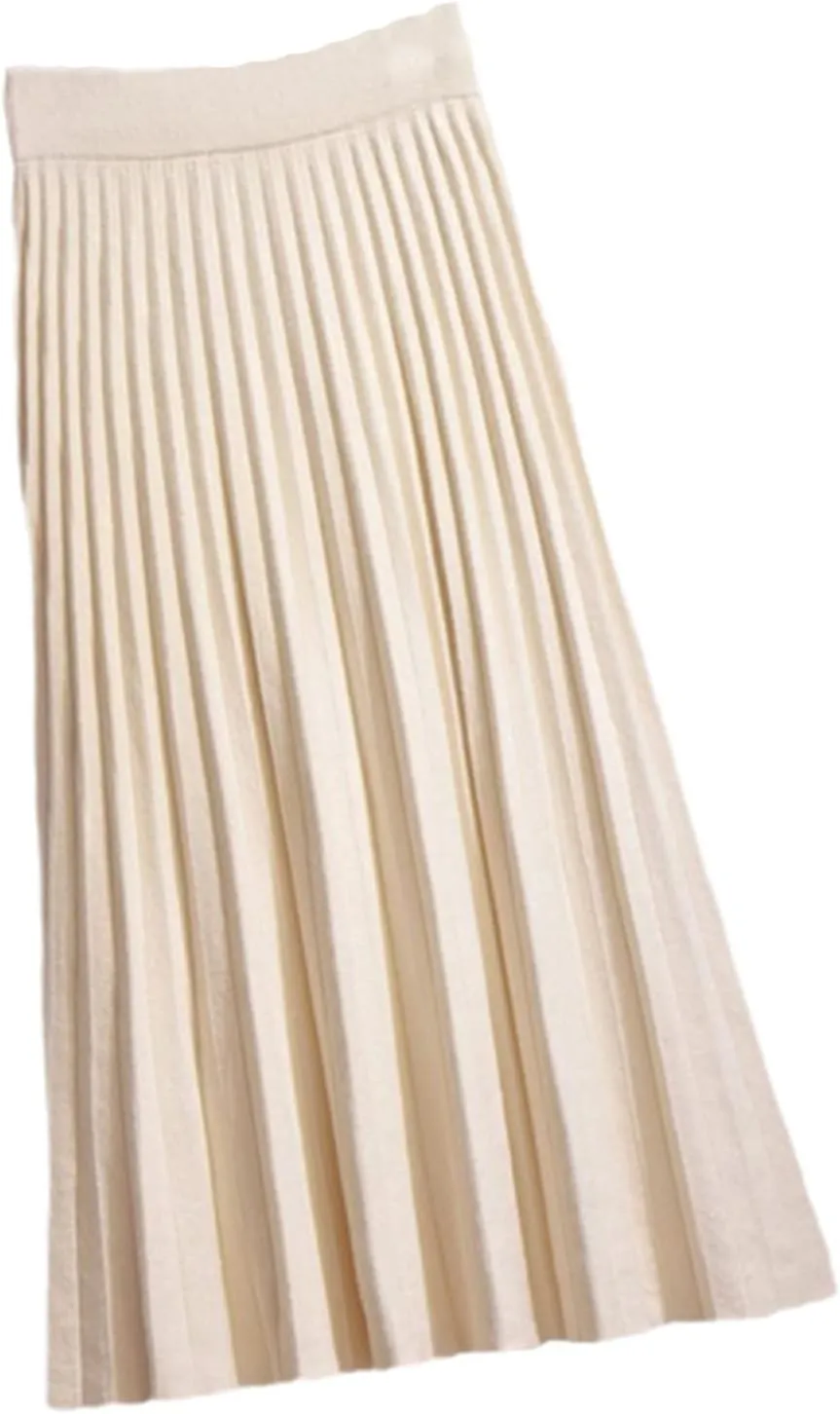 Fashion Autumn Winter Knitted Midi Long Pleated Skirt Women Korean Style Blue Mid-Length High Waist Skirt