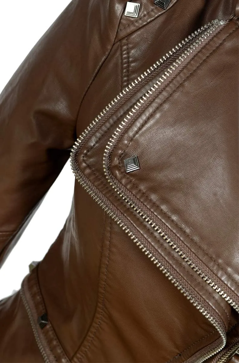 Fashion SX Women's Studded Rivets Faux Leather Jacket Plus Size Motorcycle Leather Casual Coats