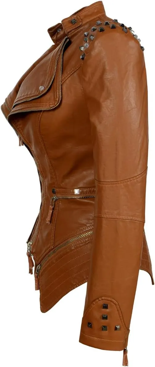Fashion SX Women's Studded Rivets Faux Leather Jacket Plus Size Motorcycle Leather Casual Coats