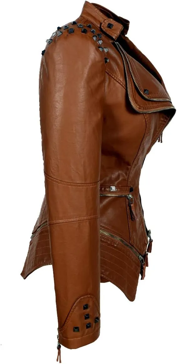 Fashion SX Women's Studded Rivets Faux Leather Jacket Plus Size Motorcycle Leather Casual Coats