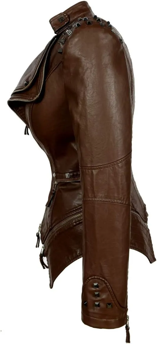 Fashion SX Women's Studded Rivets Faux Leather Jacket Plus Size Motorcycle Leather Casual Coats