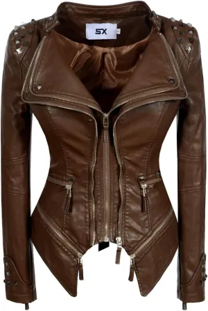 Fashion SX Women's Studded Rivets Faux Leather Jacket Plus Size Motorcycle Leather Casual Coats