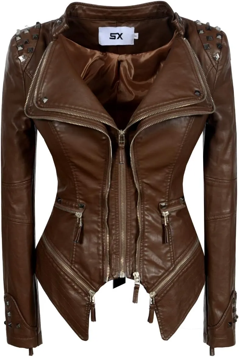 Fashion SX Women's Studded Rivets Faux Leather Jacket Plus Size Motorcycle Leather Casual Coats