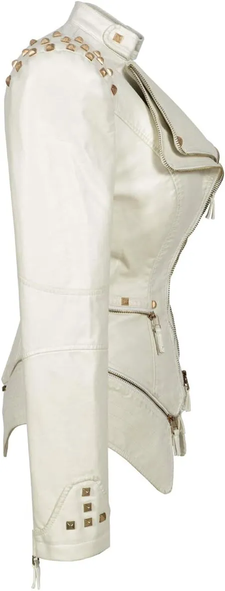 Fashion SX Women's Studded Rivets Faux Leather Jacket Plus Size Motorcycle Leather Casual Coats