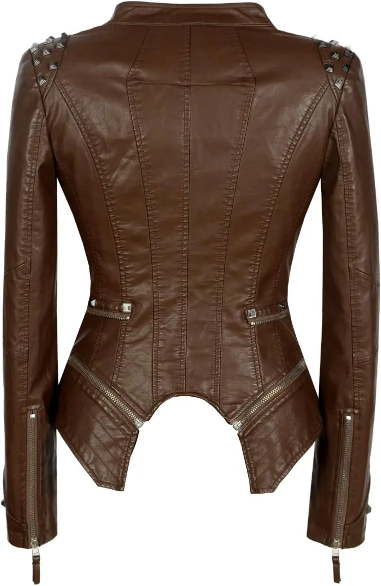 Fashion SX Women's Studded Rivets Faux Leather Jacket Plus Size Motorcycle Leather Casual Coats