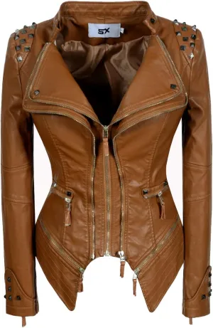 Fashion SX Women's Studded Rivets Faux Leather Jacket Plus Size Motorcycle Leather Casual Coats