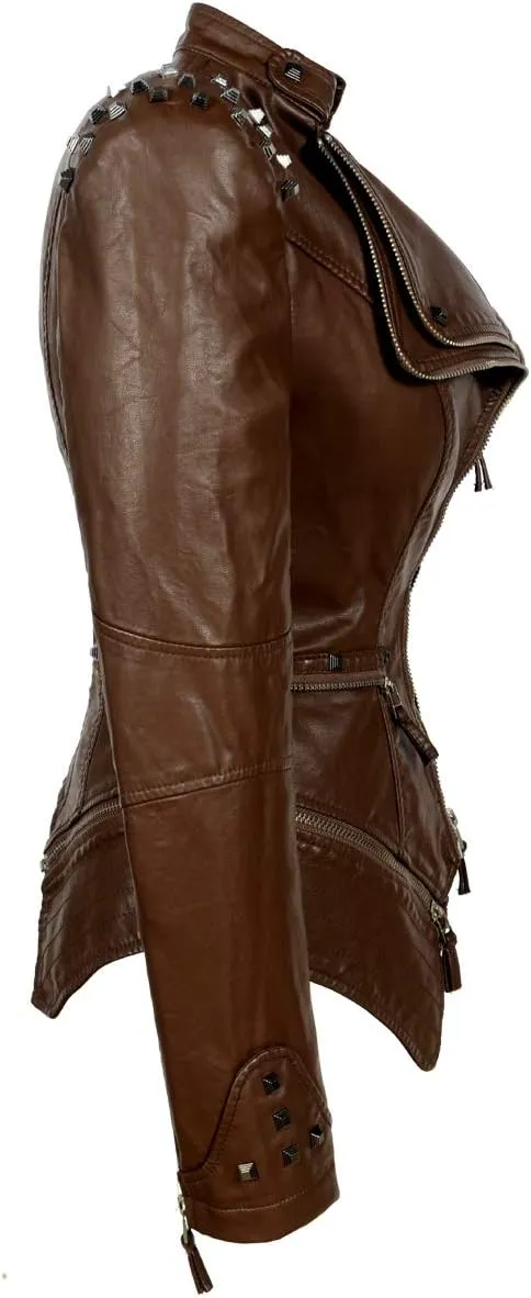 Fashion SX Women's Studded Rivets Faux Leather Jacket Plus Size Motorcycle Leather Casual Coats