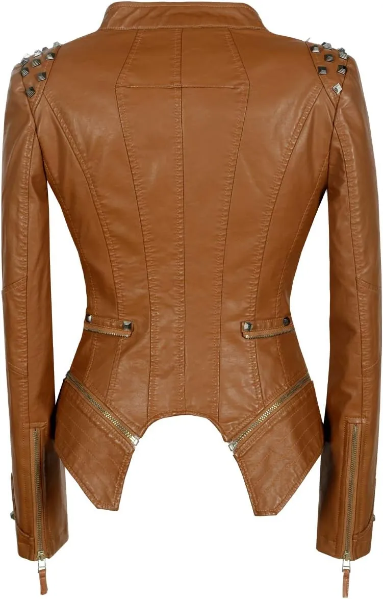 Fashion SX Women's Studded Rivets Faux Leather Jacket Plus Size Motorcycle Leather Casual Coats