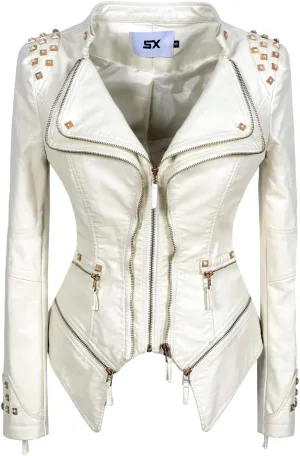 Fashion SX Women's Studded Rivets Faux Leather Jacket Plus Size Motorcycle Leather Casual Coats