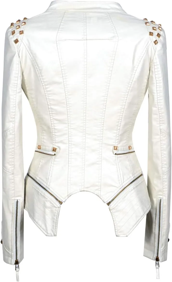 Fashion SX Women's Studded Rivets Faux Leather Jacket Plus Size Motorcycle Leather Casual Coats