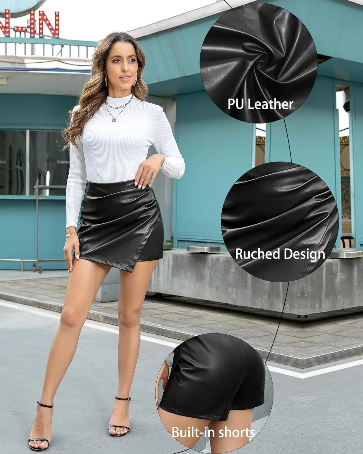 Faux Leather Skorts for Woman High Waisted PU Leather Shorts Elastic Waist Ruched Wrap Skorts Skirts