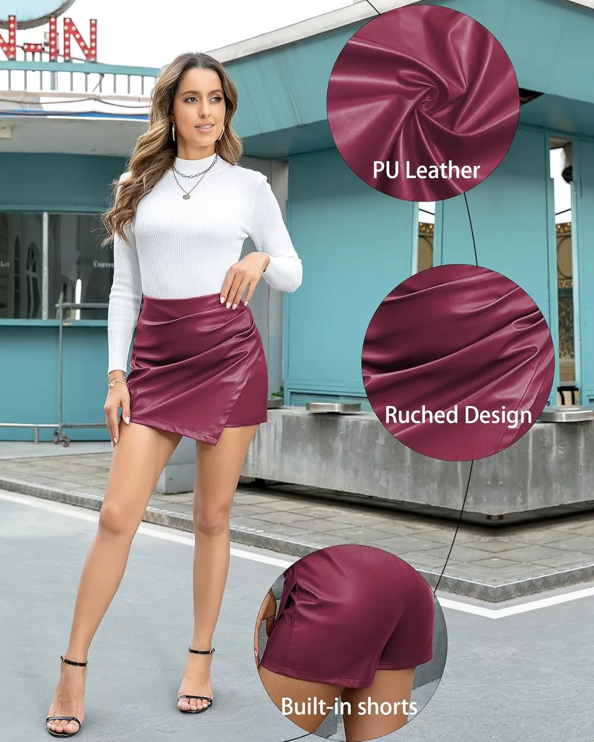 Faux Leather Skorts for Woman High Waisted PU Leather Shorts Elastic Waist Ruched Wrap Skorts Skirts