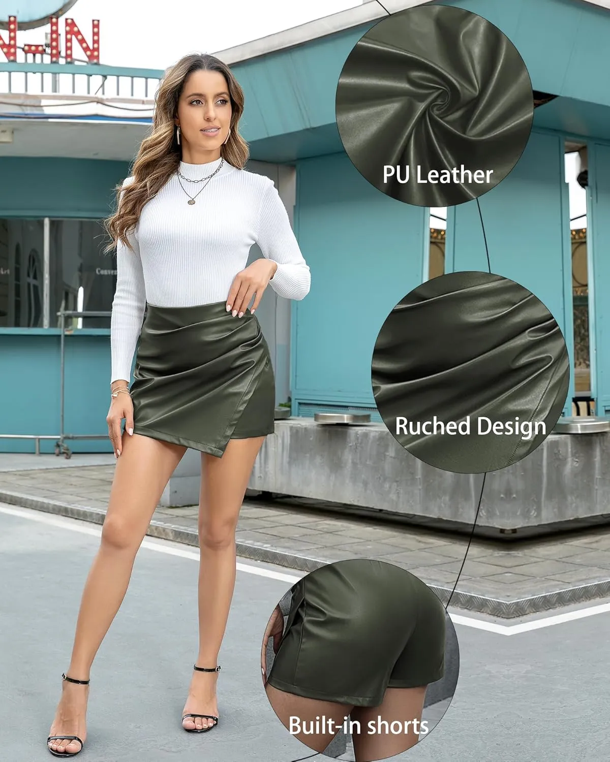 Faux Leather Skorts for Woman High Waisted PU Leather Shorts Elastic Waist Ruched Wrap Skorts Skirts