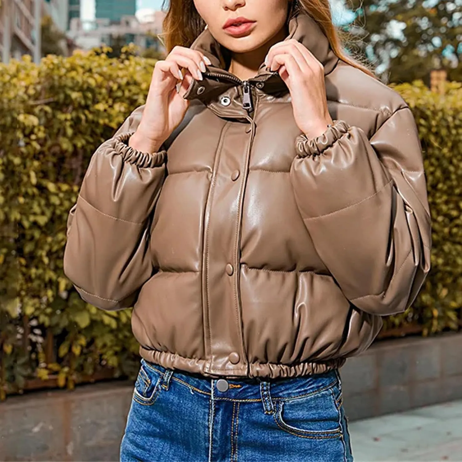 Female PU Leather Coats Women Short Parkas Cotton Padded Lady Down Jacket Elegant Zipper