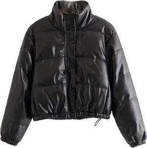 Female PU Leather Coats Women Short Parkas Cotton Padded Lady Down Jacket Elegant Zipper
