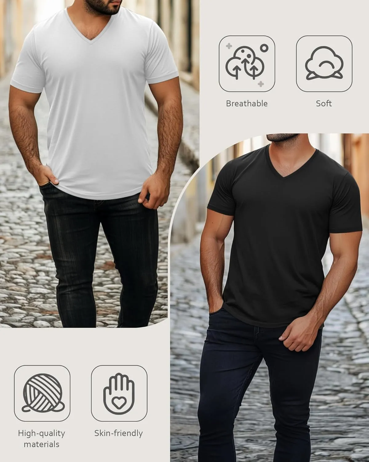 Ficerd 3 Pack Men's V Neck 95% Cotton T-Shirts M-7xl Big Tall Regular Soft Short Sleeve Basic 2025 Summer Clothes