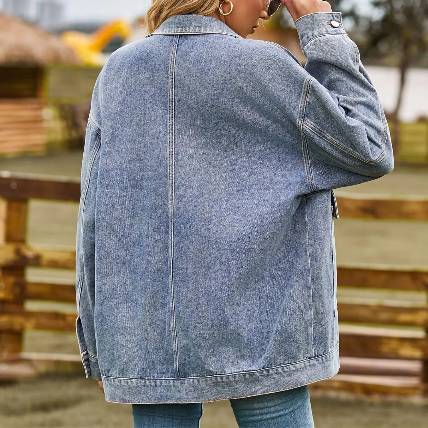FindThy Womens Oversized Denim Jean Jacket Long Sleeve Button Up Jean Jacket Top With Pockets