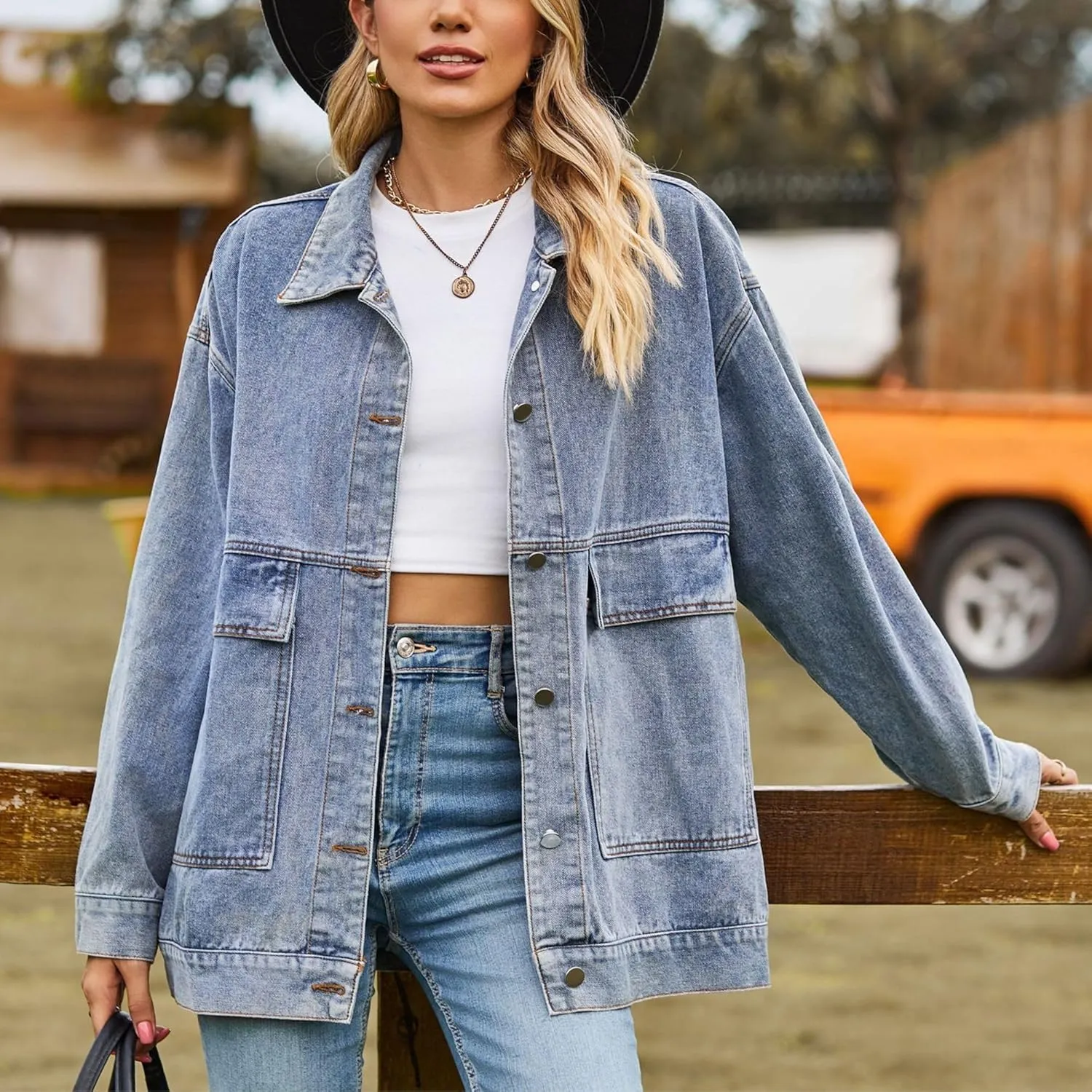 FindThy Womens Oversized Denim Jean Jacket Long Sleeve Button Up Jean Jacket Top With Pockets