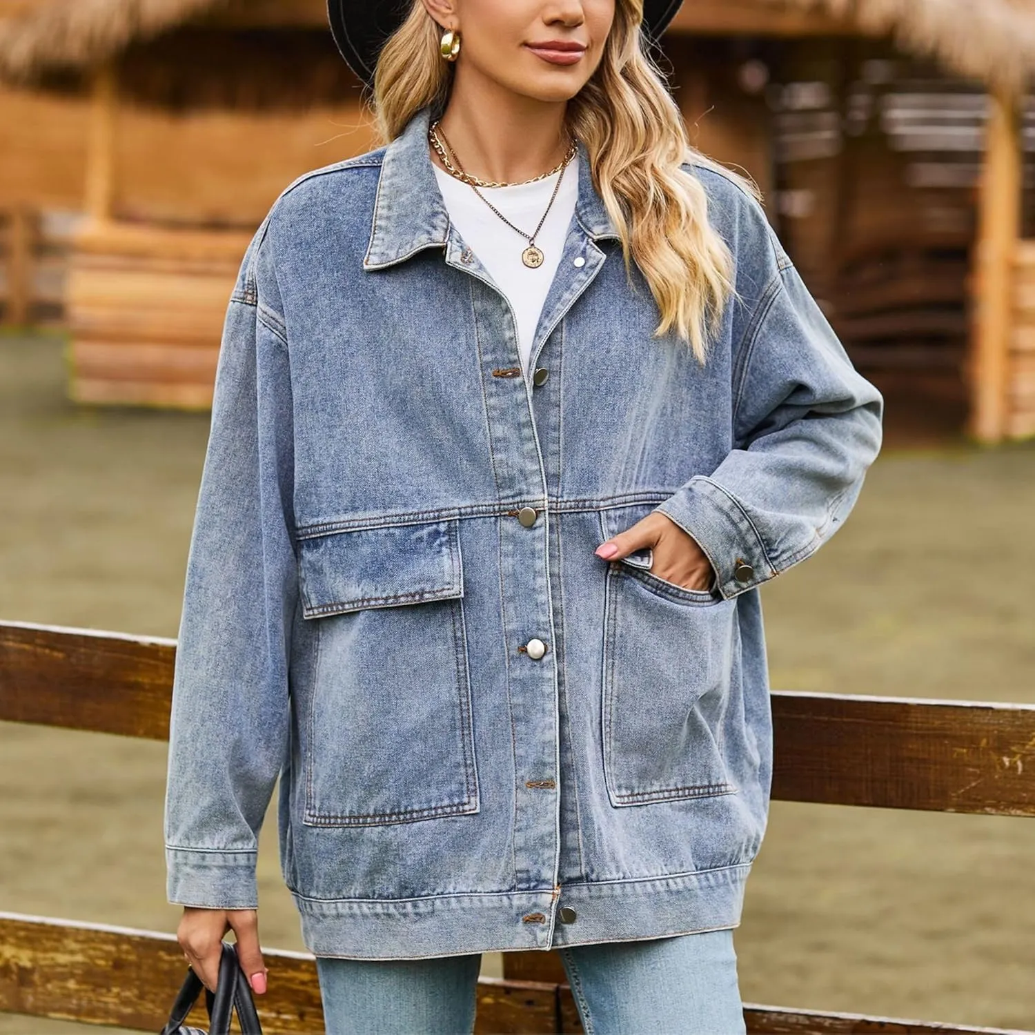 FindThy Womens Oversized Denim Jean Jacket Long Sleeve Button Up Jean Jacket Top With Pockets
