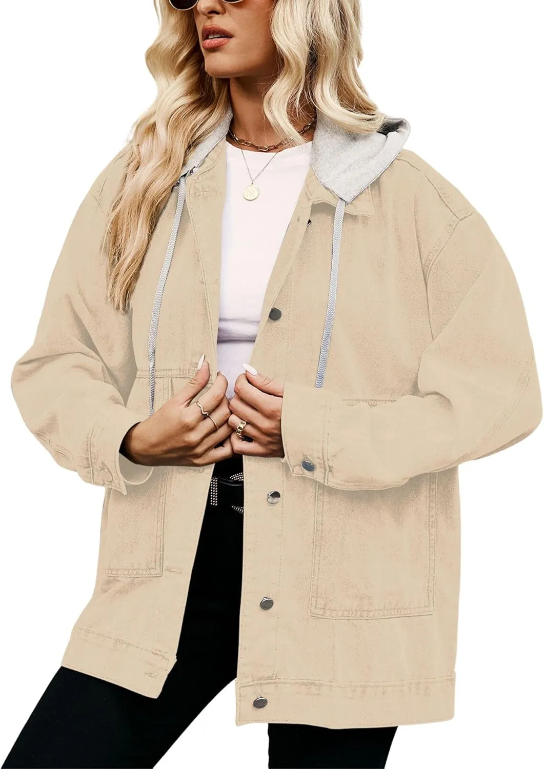 FindThy Womens Oversized Denim Jean Jacket Long Sleeve Button Up Jean Jacket Top With Pockets