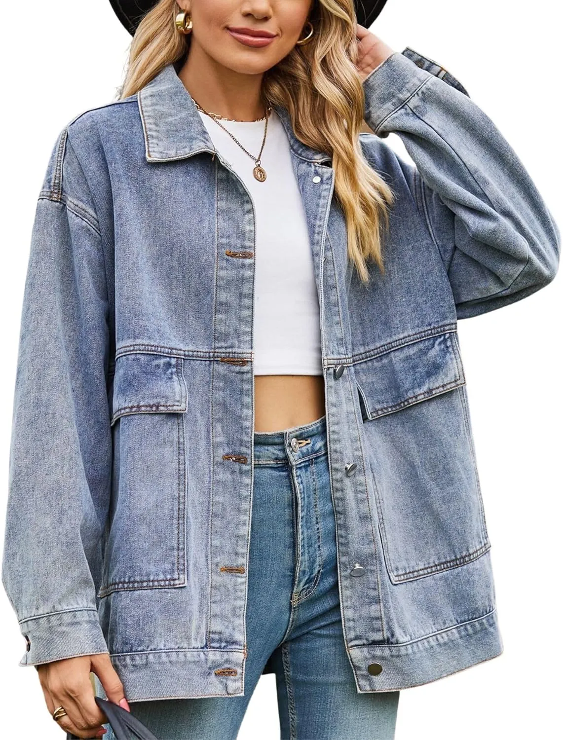 FindThy Womens Oversized Denim Jean Jacket Long Sleeve Button Up Jean Jacket Top With Pockets