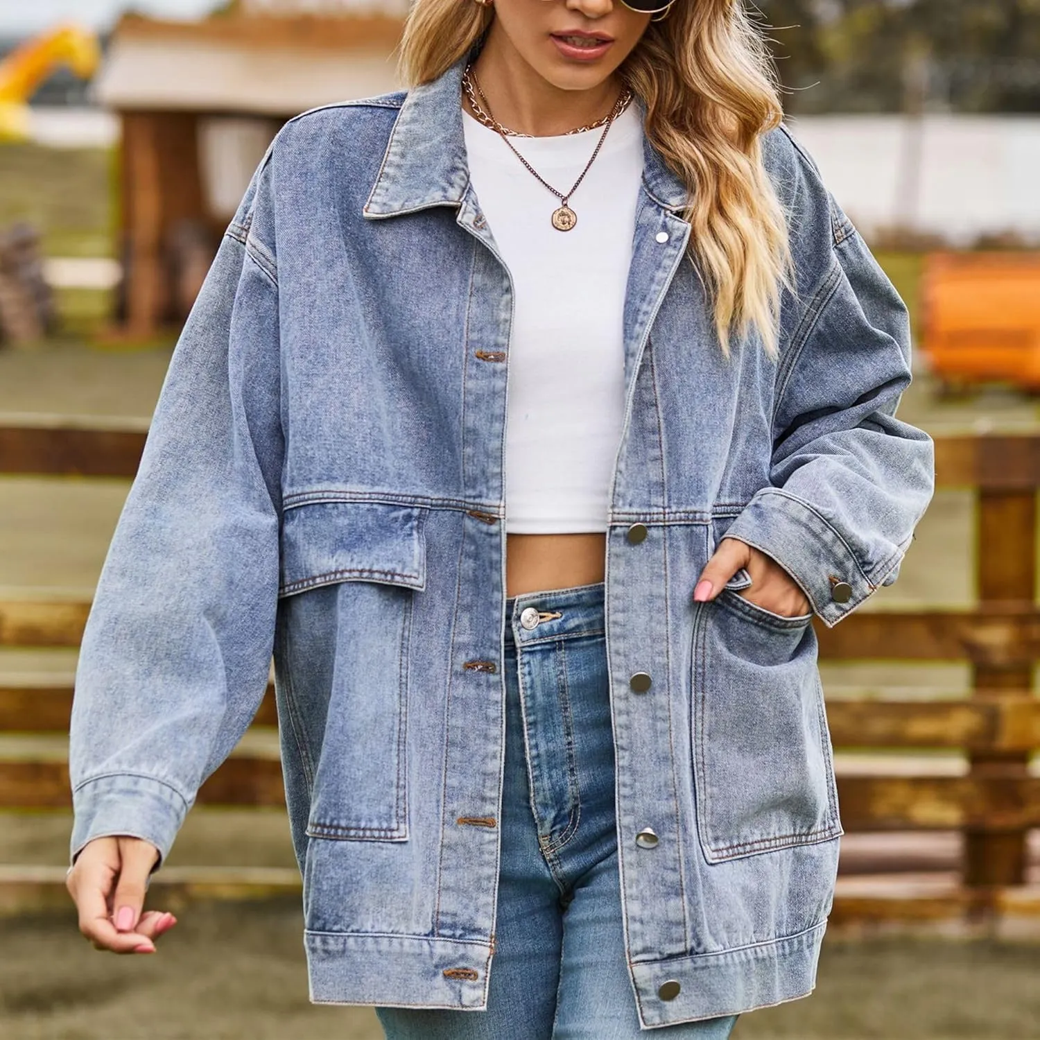 FindThy Womens Oversized Denim Jean Jacket Long Sleeve Button Up Jean Jacket Top With Pockets