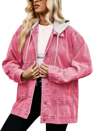 FindThy Womens Oversized Denim Jean Jacket Long Sleeve Button Up Jean Jacket Top With Pockets