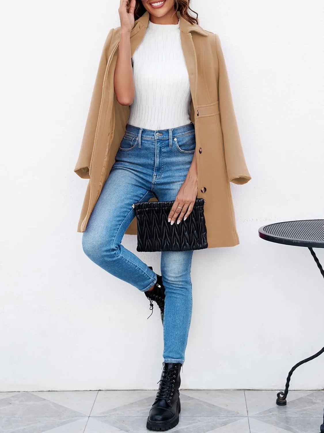 Fisoew Women's Elegant Single Breasted Coat Long Sleeve Mid Winter Overcoat Work Office Pea Coats