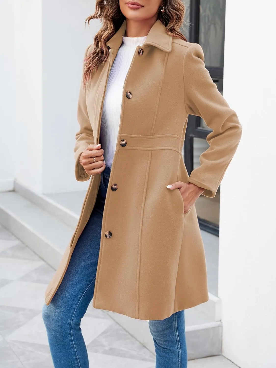 Fisoew Women's Elegant Single Breasted Coat Long Sleeve Mid Winter Overcoat Work Office Pea Coats