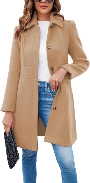 Fisoew Women's Elegant Single Breasted Coat Long Sleeve Mid Winter Overcoat Work Office Pea Coats