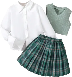 Floerns Girl's 3 Piece Outfit Tank Top Plaid Print Skirt Set with Shirts Blouse