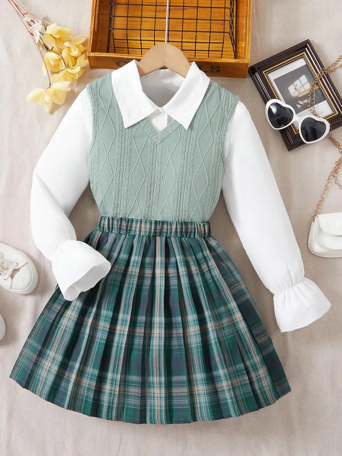 Floerns Girl's 3 Piece Outfit Tank Top Plaid Print Skirt Set with Shirts Blouse