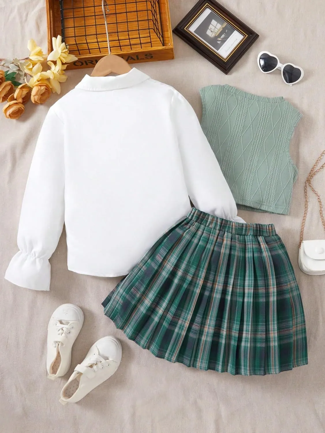 Floerns Girl's 3 Piece Outfit Tank Top Plaid Print Skirt Set with Shirts Blouse