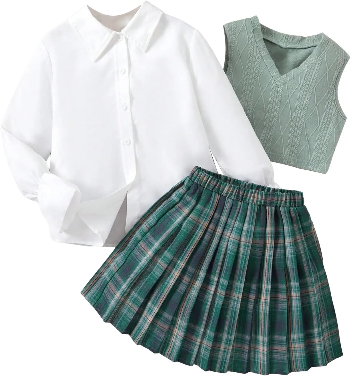 Floerns Girl's 3 Piece Outfit Tank Top Plaid Print Skirt Set with Shirts Blouse